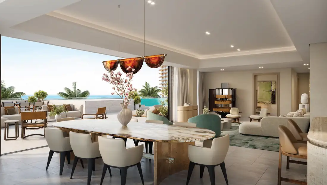 Three-bedroom apartment kitchen and living room at Fairmont Residences Al Marjan Island